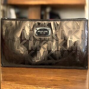 Like New Michael Kors Metallic Gunmetal Logo Wristlet Org $175